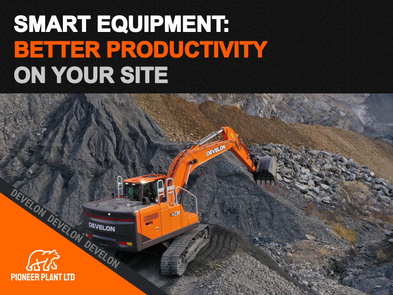 Develon DX230LC-9 excavator working with aggregate, with Smart Equipment: Better Productivity on Your Site headline and Pioneer Plant branding.